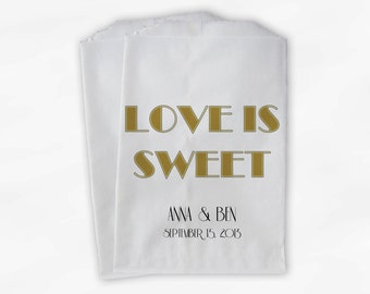 Love Is Sweet Candy Buffet Bags - Black and Gold Art Deco Custom Favor Bags for Wedding, Bridal Shower - Brown Paper Treat Bags (0127)