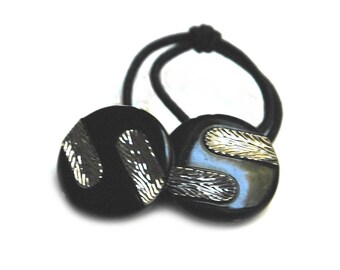 Art Deco Style Ponytail Holder, Black & Silver Vintage Glass Buttons, Art Deco Era, Hair Accessory