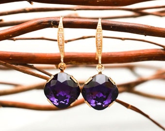 Bridesmaid Jewelry Deep Purple Crystal Earrings in Gold