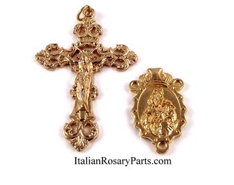 Gold Tone Rosary Crucifix and Center Set Madonna and Child Crest Center w Fleur-de-Lis Crucifix | Italian Rosary Parts