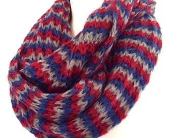 Stripe Infinity Scarf, Womens Knit Cowl Scarf, Loop Scarf, in Trio of Blue,Red and Gray
