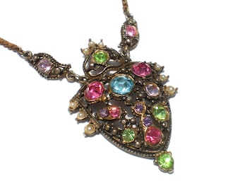 Pastel Rhinestone Pendant Necklace Pink Blue Green and Purple on Gold Tone - Vintage Jewelry