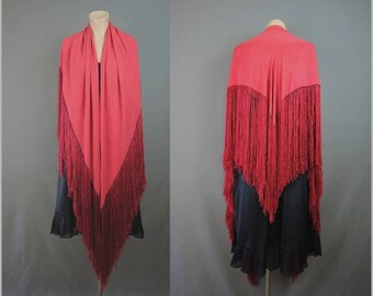 Vintage Red Chiffon Piano Shawl with Fringe, 46x45 inch Square plus 12 inch fringe