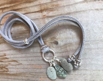 Unique, OOAK Beach Pebble ADJUSTABLE Necklace in Gray. 24" to Choker, Handmade, Minimalist Chic, Bohemian