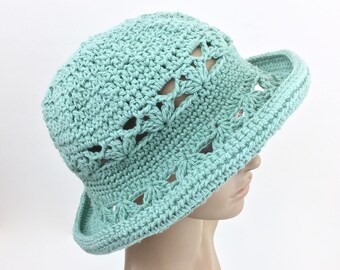 Ocean Sun Hat Teal Cotton Summer Hat Aquamarine Garden Hat with Brim Crochet Hat Women Beach Style Spring Hat Handmade Blue Green Spruce