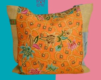 Burlap and batik tote bag orange COLLECTION MMBATIK 2017