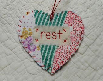 Wordz From the Heart Snippet Ornament - REST - Stitched From Recycled Vintage Quilt Piece