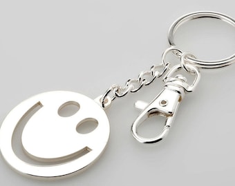 2 pieces-Keychain happy, smiley with additional carabiner silver plated