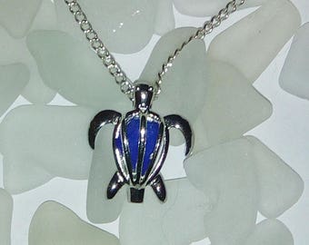 Sea glass necklace. Blue Sea turtle sea glass locket. Beach glass jewelry.