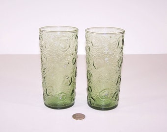 Vintage Lot 2 Anchor Hocking Green Bubble Crater Textured Drinking Glasses 16 oz