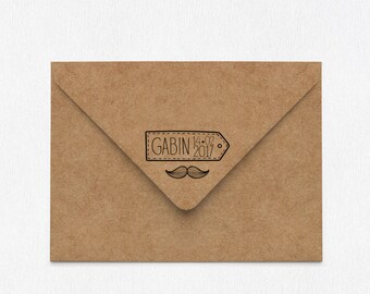 Birth announcement mustache rubber stamp - Custom baby Stamp - little tag and mustache rubber stamp - Personalized rubber stamp