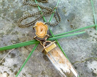Brass Quartz crystal necklace | Crystal point pendant | Geode druzy necklace | raw crystal necklace | quartz point necklace | metalwork
