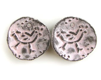 Hen Beads - pale pink beads, ceramic beads, stoneware, rustic, tribal, ethnic, pair for earrings, coin beads, primitive, animal beads