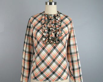 Vintage 1960s Plaid Blouse 60s Peach White and Green Ruffle Blouse by Bobbie Brooks Size M
