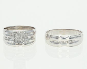 Diamond Wedding Set - 14k Gold Bride and Groom Princess & Round Brilliant .42ctw N8836