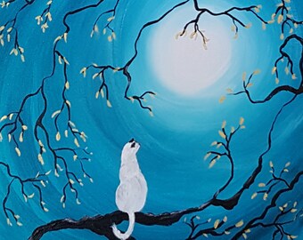 cat in moonlit tree with golden leaves