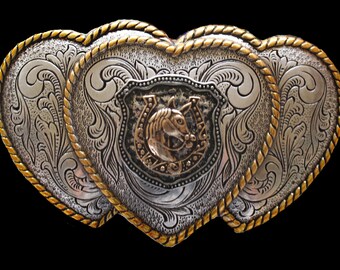 Three Heart Western Belt Buckle with Horse Shield