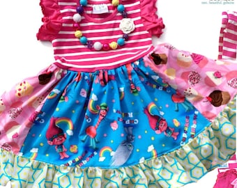 Trolls dress Cupcake and Rainbows Momi boutique custom dress