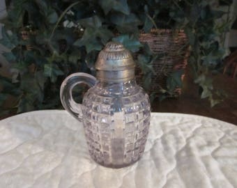 Primitive Antique Pressed Glass Syrup Pitcher With A Tin Top