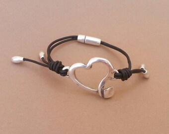 Heart bracelet, black leather hearts bracelet, black and heart leather bracelet, black leather heart bracelet