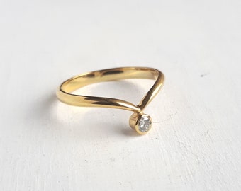 Offset Diamond Gold Wedding Ring - Minimalist Stacking Chevron V Ring, Simple Design, Moissanite Ring