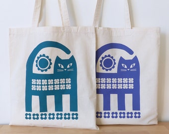 Cat Tote Bag Retro Mid Century Inspired Hand Screen Printed / Gift For Her / Cat Lover Gift / Valentine's Gift / Cat Gift Bag / Cat Gifts