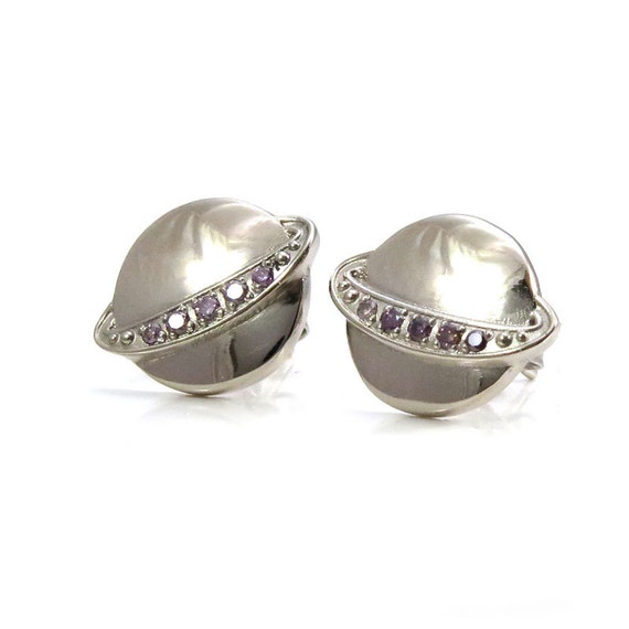 White Gold Saturn Post Earrings with Lavender Diamond Rings - Purple Diamond Solar System Studs- Ready to Ship