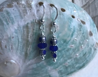 sterling silver cobalt blue sea glass earrings, sea glass earrings, blue sea glass earrings, bridal bridesmaid earrings, beach wedding