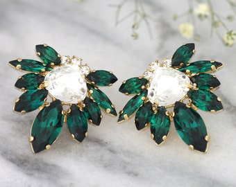 Emerald Earrings, Emerald Bridal Earrings, Swarovski Emerald Earrings, Bridal Emerald Green Earrings, Emerald Cluster Swarovski Earrings