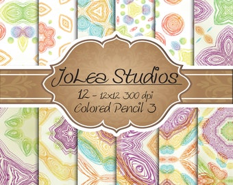 Digital Paper Colored Pencil 3 Theme, Scrapbook Paper Set, Instant Download, 12 x 12 Paper