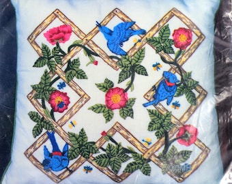 Lattice Work Bluebirds Vtg Crewel Pillow Kit Flowers Leaves Mazaltovs Crewel Kit
