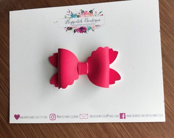 Bright pink faux leather 2.25" scalloped Hair Bow Headband