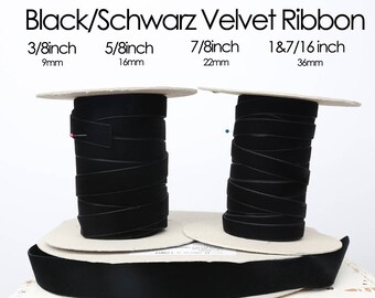 Black Schwarz Black Nylvalour Swiss Velvet Ribbon 3/8 inch 5/8inch, 7/8inch, 1&7/16inch noir velvet, ebony velvet, black nylon velvet (725)