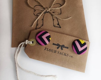 1950's Vintage Inspired Fabric Stud Earrings ~ Rainbow Fiesta Chevron ~ Matching Head Scarf ~ Retro ~ Rockabilly ~ Festival