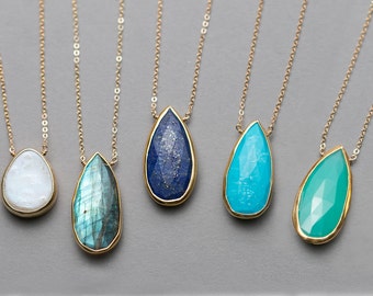 Luxurious Gemstone Necklace / Gold Framed Stone on Simple, Delicate 14k Gold fill Chain / Bezel Gemstone Pendant Necklace Layered Long LN704