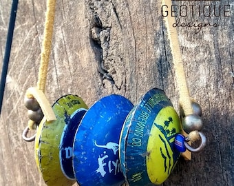 Upcycled Bottle Cap Bead Necklace -Yellow and Blue