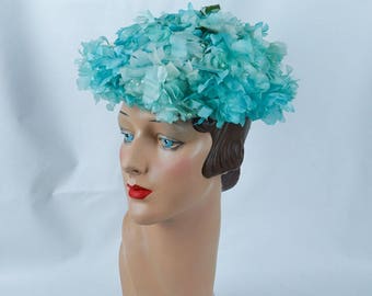1960s Vintage Hat Teal Flowered Breton NWT Sz 21