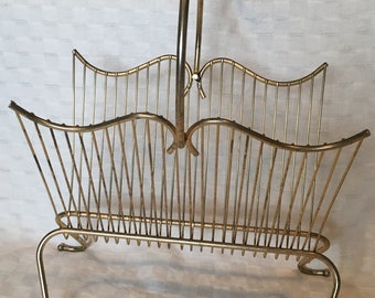 Vintage Magazine Rack Brass Gold Tone Metal - Hollywood Regency Mid Century