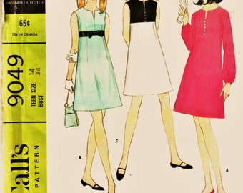 60's McCall's Pattern 9049 Empire Waist Dress Bust 34 Uncut FF Adorable MOD Dress Sewing Pattern Supplies