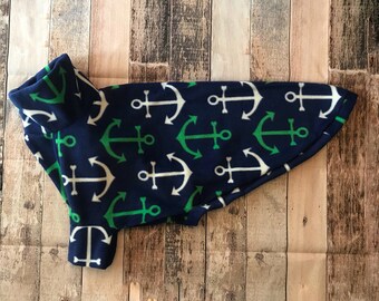 Greyhound pajamas, greyhound fleece pjs - blue anchors, whippet coat, made to measure greyhound coat, coat for greyhound, nautical pajamas