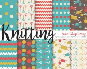 Knitting Digital Paper, Printable Scrapbook Paper Pack, Wool Yarn, Knitting Needles, Scissors, Set of 10 Papers