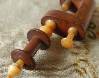 Victorian treen maple sewing clamp with 2 spools/bobbins antique small sewing collectible needlework wood vegetable ivory nut clamp