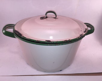 Vintage Tan and Green Enamelware Pot with Lid