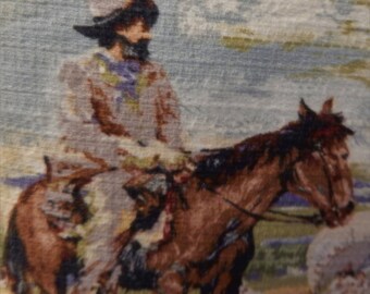 Western Barkcloth Pillow Cover "Westward Ho" 50's Retro Cowboy Horse Wagon Zippered