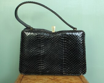Linslade black snake skin purse / vintage snake skin handbag / snake leather bag / 50s handbag / made in England /vintage gift