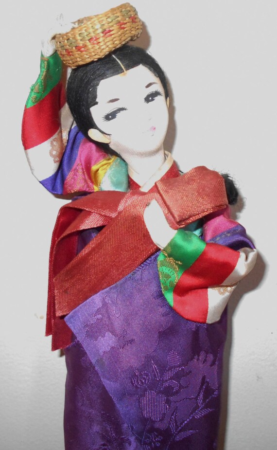 Vintage Korean maiden doll silk wood and fibers Antique 1950s