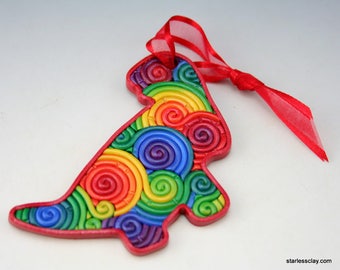 Rainbow Dinosaur Mini Ornament in Fimo Filigree Polymer Clay Christmas Decoration