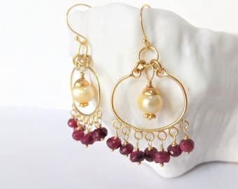 RUBY MOON Gemstone Earrings, Red Ruby, Freshwater Pearl & Bali Gold Vermeil Chandelier Earrings, wine red, creamy white,