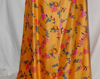 vintage 60s maxi skirt, hostess skirt, janet lynn, golden oriental floral print, button front, full length skirt, dressy