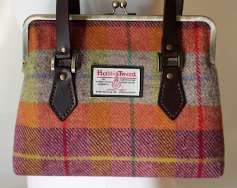 Harris Tweed Tartan Check Kisslock Handbag with Leather Straps